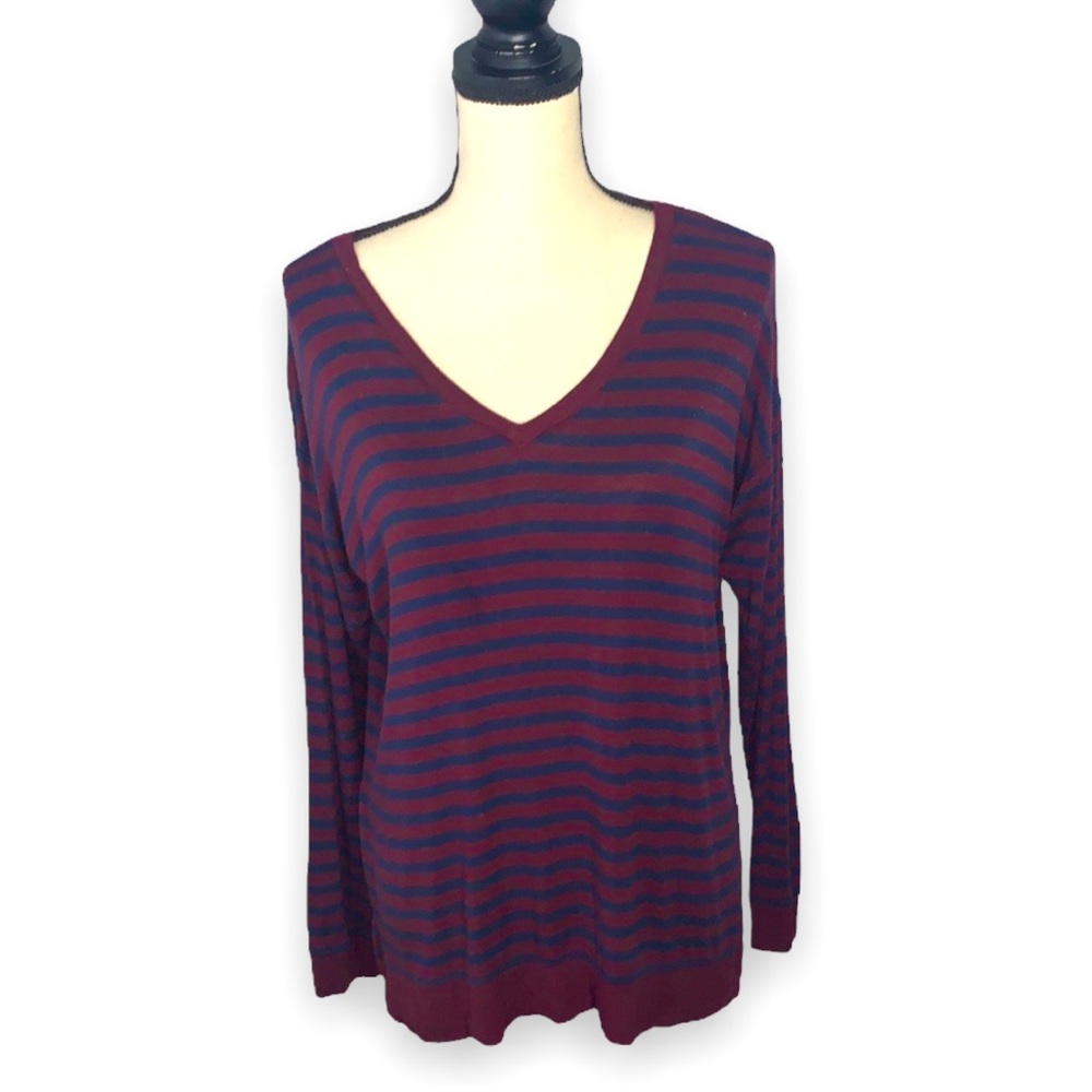 LOFT Maroon Navy Striped V Neck Long Sleeve Top Medium High Low Hem